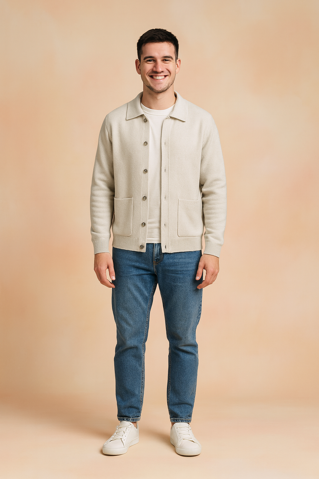 Beige button-up cardigan with long sleeves, front patch pockets, and ribbed cuffs, styled over a clean white undershirt for a modern, casual look.