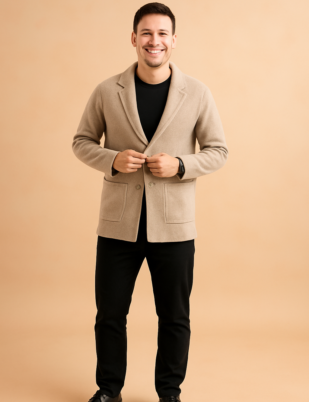 Soft beige single-button cardigan blazer with notch lapel, front patch pockets, and a clean tailored finish — ideal for layering in casual or smart-casual outfits.