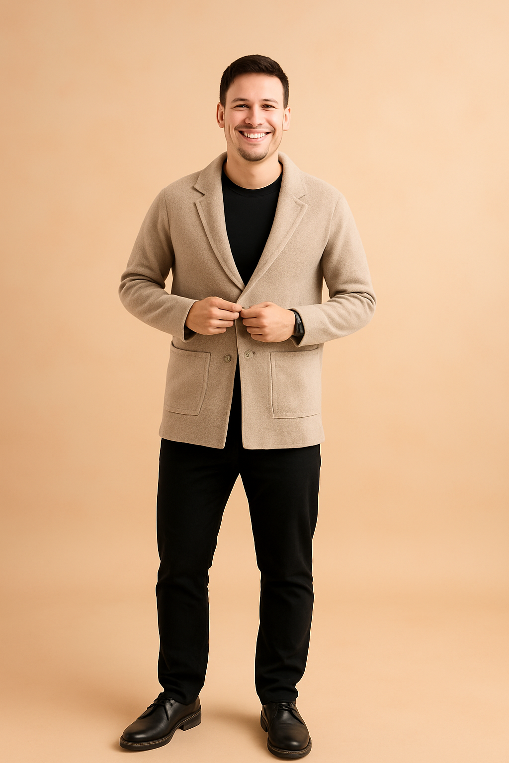 Soft beige single-button cardigan blazer with notch lapel, front patch pockets, and a clean tailored finish — ideal for layering in casual or smart-casual outfits.