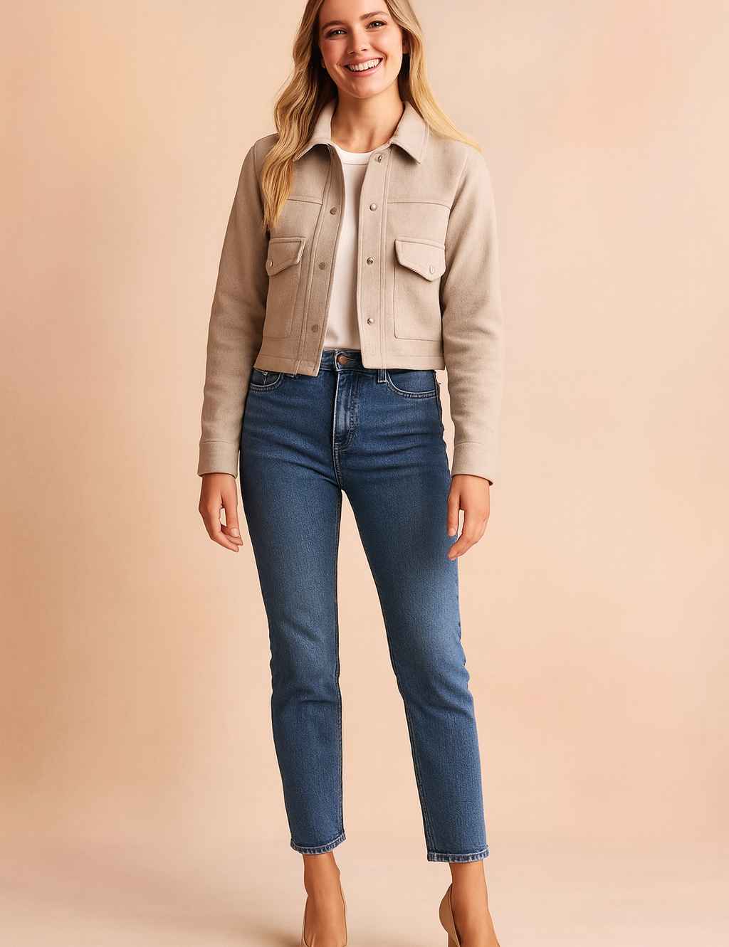 Beige cropped button-up wool jacket with flap pockets, styled with a white tee, blue jeans, and beige pumps.