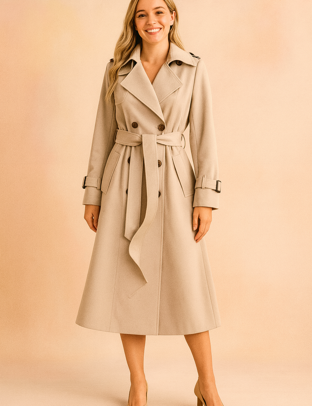 Beige double-breasted trench coat with belt, epaulets, and cuff straps, styled with beige heels for a polished look.