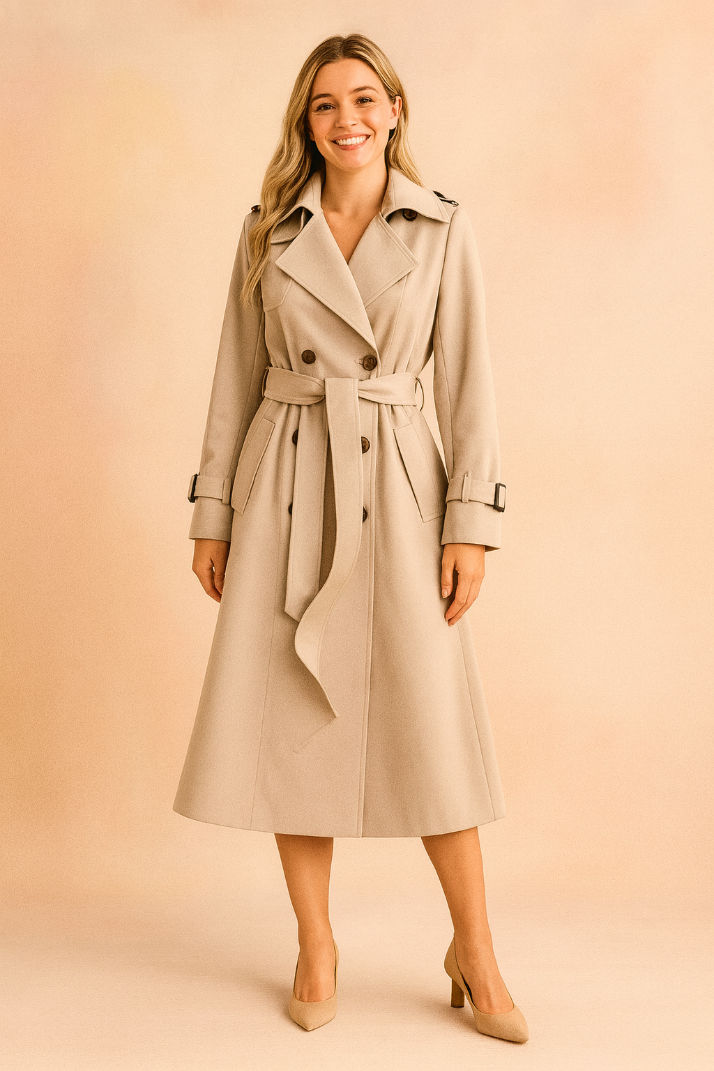 Beige double-breasted trench coat with belt, epaulets, and cuff straps, styled with beige heels for a polished look.