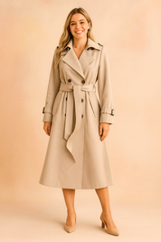 Beige double-breasted trench coat with belt, epaulets, and cuff straps, styled with beige heels for a polished look.