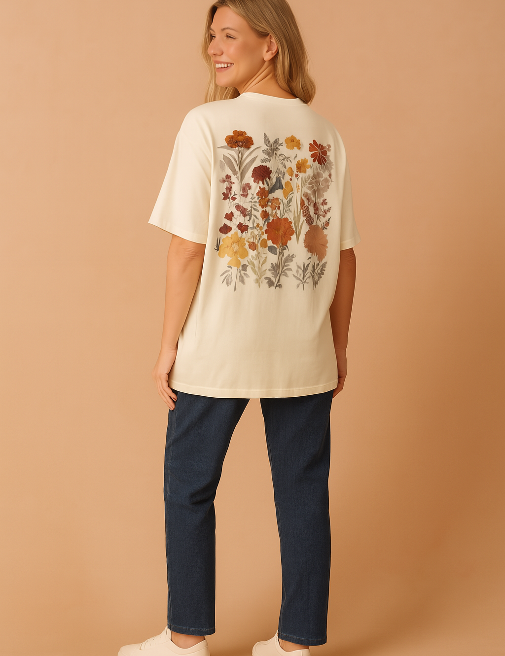 Beige short-sleeve cotton t-shirt featuring a detailed chest patch with warm-toned floral embroidery in rust, cream, and olive hues, paired with straight-cut dark brown corduroy pants and brown leather low-heeled ankle boots.