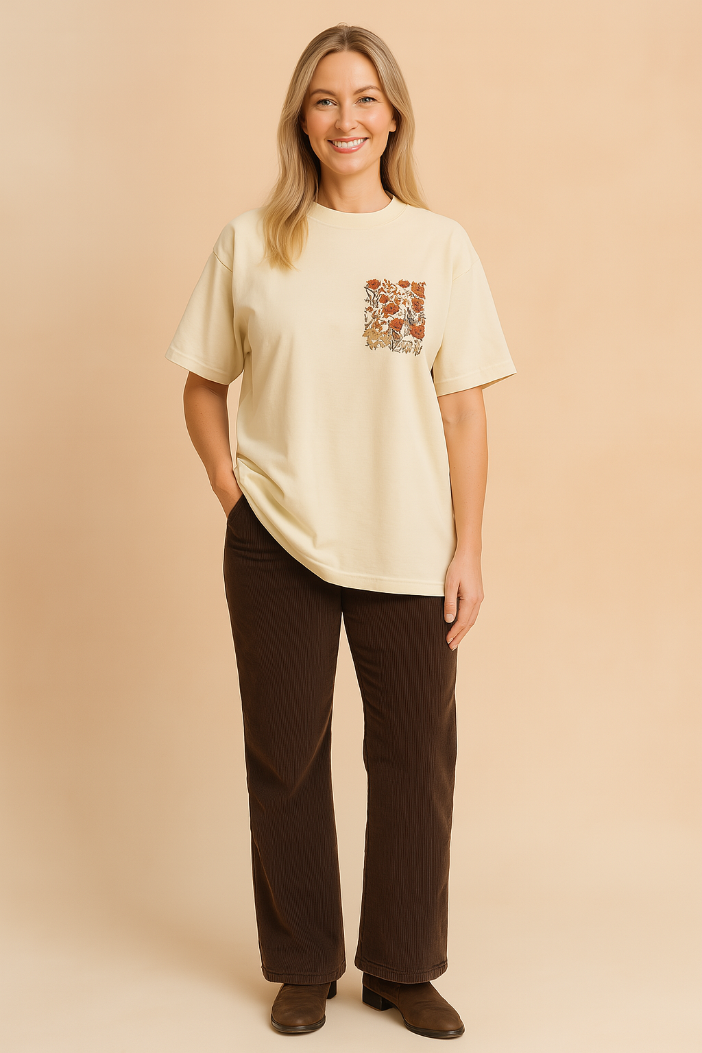 Beige short-sleeve cotton t-shirt featuring a detailed chest patch with warm-toned floral embroidery in rust, cream, and olive hues, paired with straight-cut dark brown corduroy pants and brown leather low-heeled ankle boots.