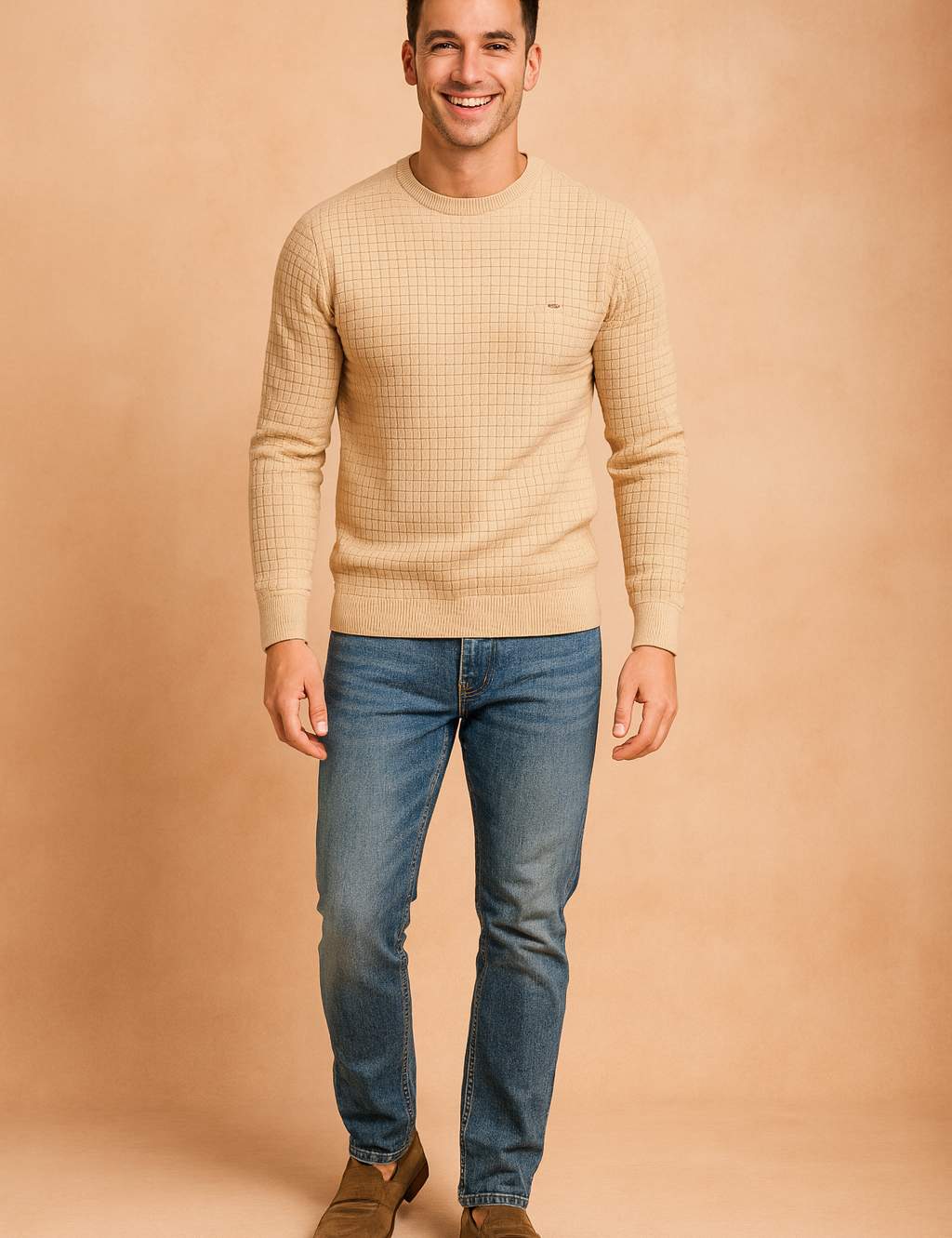 Men’s beige knit sweater with fine grid pattern, long sleeves, ribbed cuffs and hem for a fitted, modern look.