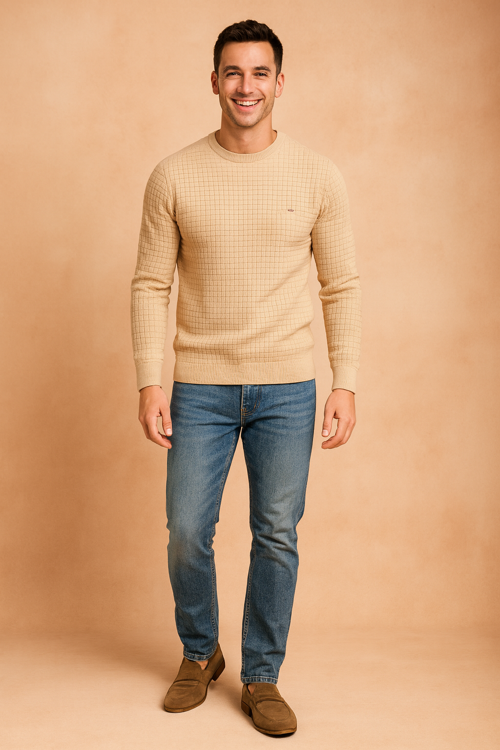Men’s beige knit sweater with fine grid pattern, long sleeves, ribbed cuffs and hem for a fitted, modern look.