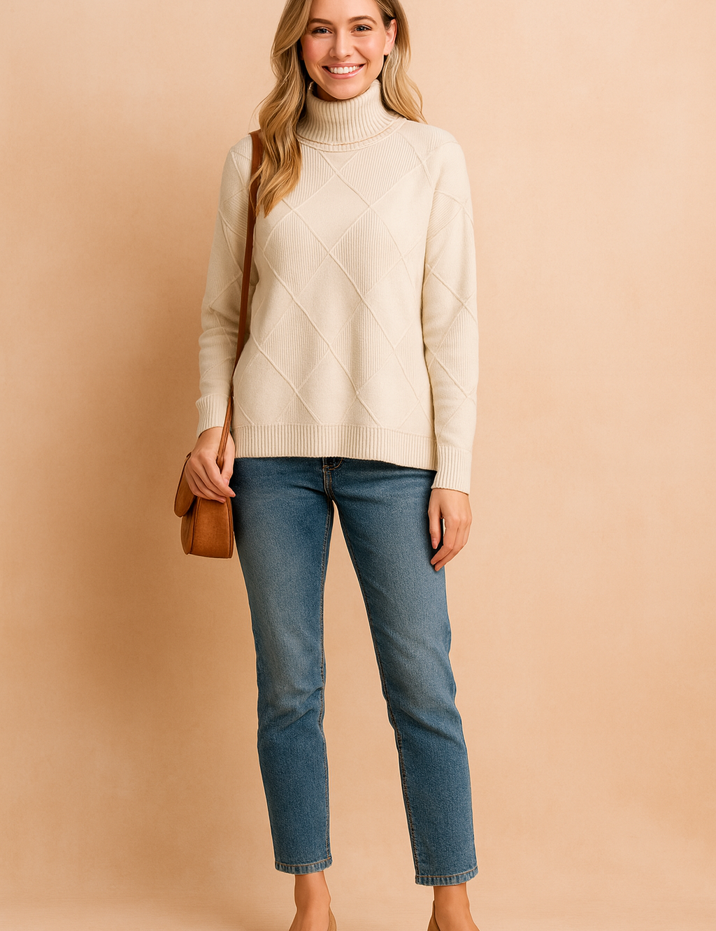 Beige diamond-pattern turtleneck sweater with ribbed cuffs and hem, designed in a modern grid knit style for a chic, cozy look.