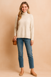 Beige diamond-pattern turtleneck sweater with ribbed cuffs and hem, designed in a modern grid knit style for a chic, cozy look.
