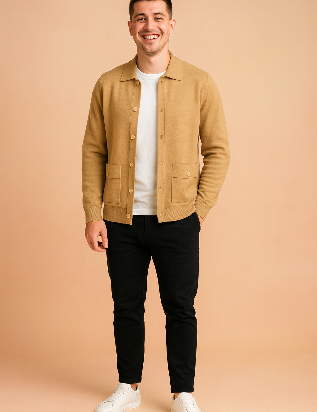 Beige button-down knit cardigan with a pointed collar and dual front flap pockets, paired with a clean white inner tee; crafted in soft textured knit with ribbed cuffs and hem for a tailored yet relaxed silhouette.
