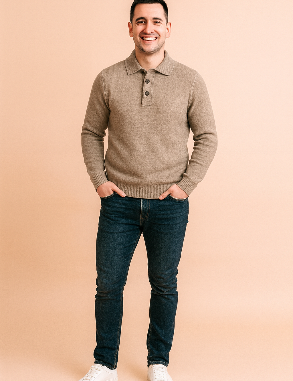 Beige knit polo sweater with ribbed collar, three-button placket, and ribbed hem and cuffs, styled with dark blue jeans and white sneakers for a clean casual look.