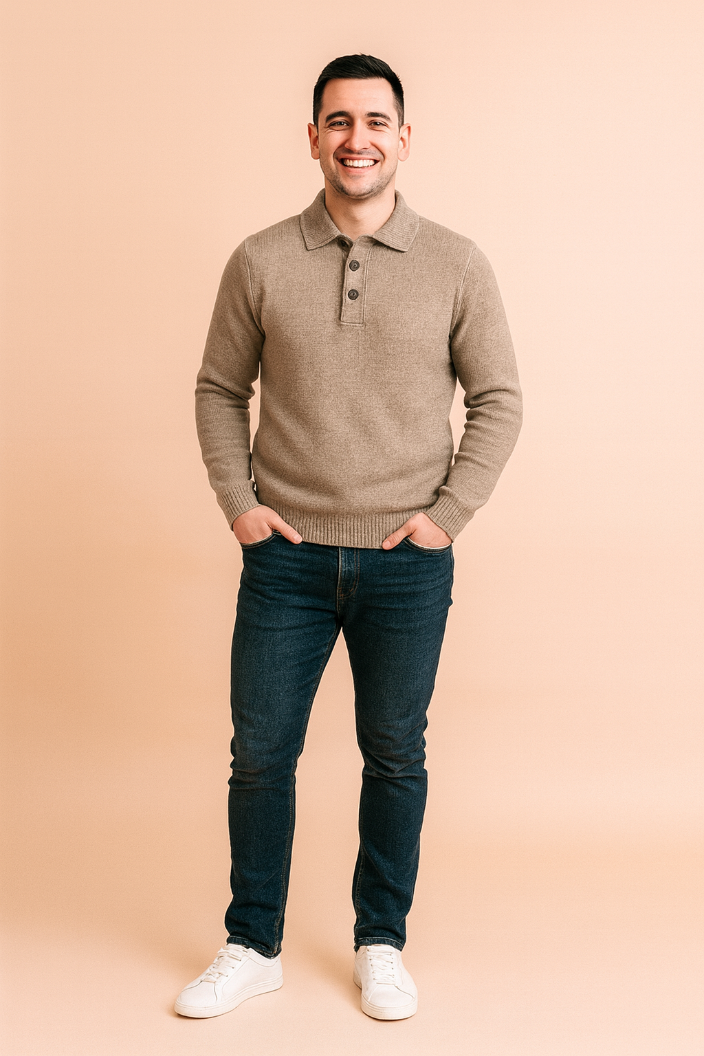 Beige knit polo sweater with ribbed collar, three-button placket, and ribbed hem and cuffs, styled with dark blue jeans and white sneakers for a clean casual look.
