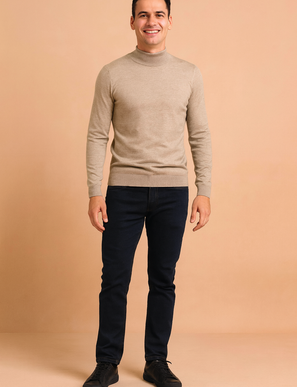 Beige knit turtleneck sweater with fine ribbed texture, long sleeves, and a fitted cut for a sleek and minimal look.