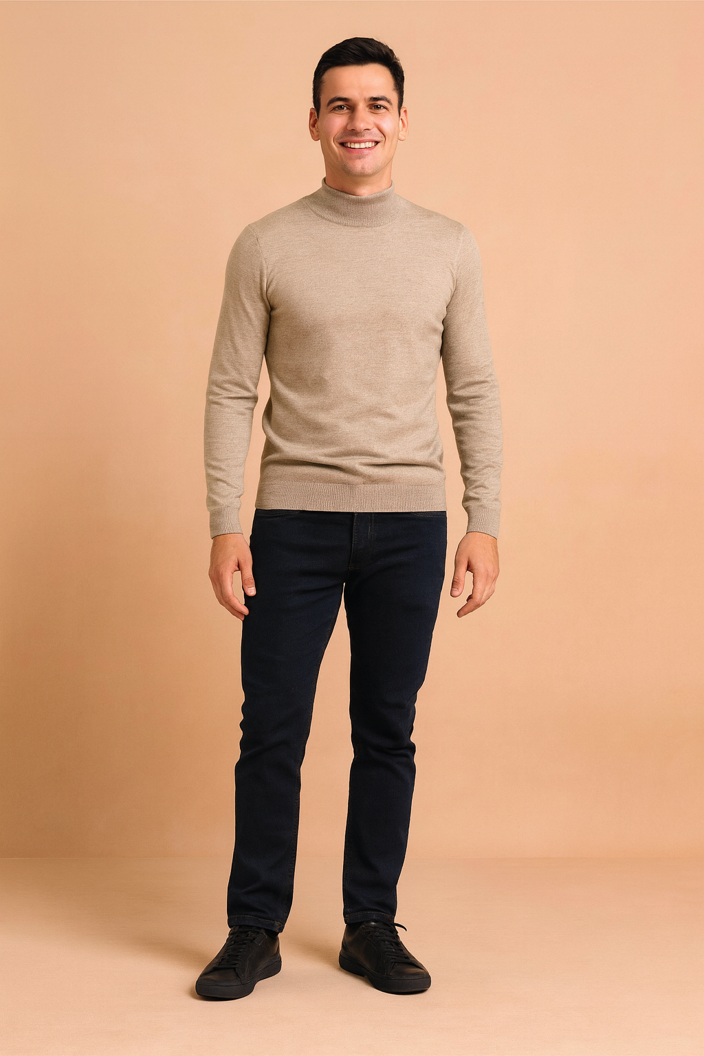 Beige knit turtleneck sweater with fine ribbed texture, long sleeves, and a fitted cut for a sleek and minimal look.