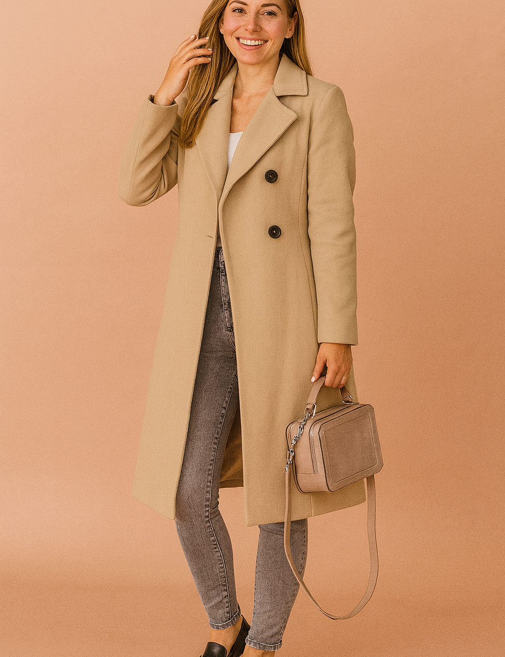 Beige long coat with notch lapels and button front, styled over a white top with grey skinny jeans, black loafers, and a taupe handbag.