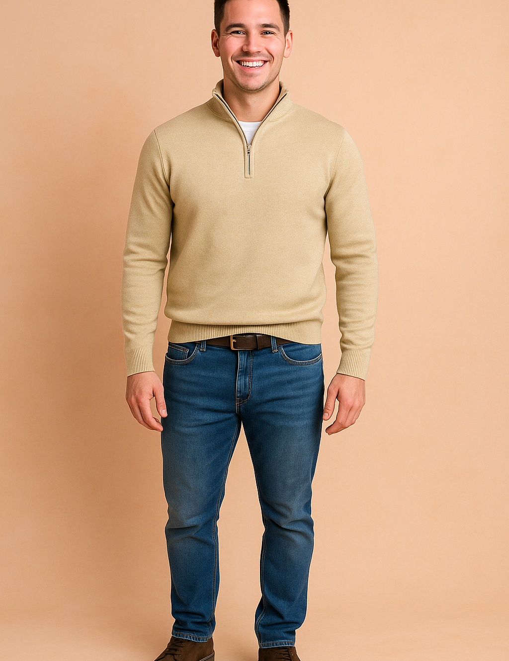 Beige quarter-zip sweater with ribbed cuffs and hem paired with blue jeans and brown suede shoes, styled in a modern casual outfit