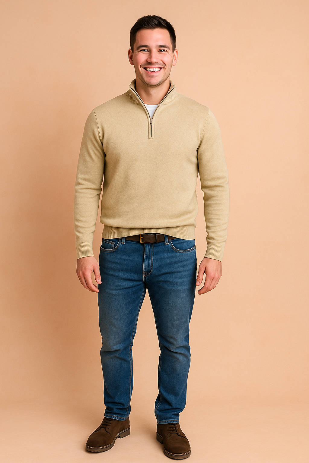 Beige quarter-zip sweater with ribbed cuffs and hem paired with blue jeans and brown suede shoes, styled in a modern casual outfit