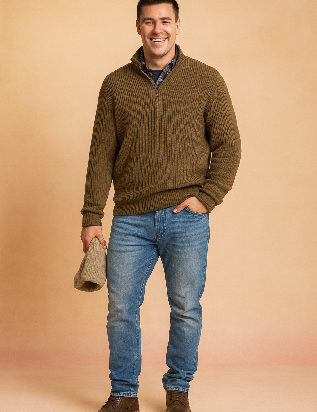 Beige ribbed half-zip pullover sweater layered over plaid shirt paired with blue jeans, showcasing textured knit pattern and casual style