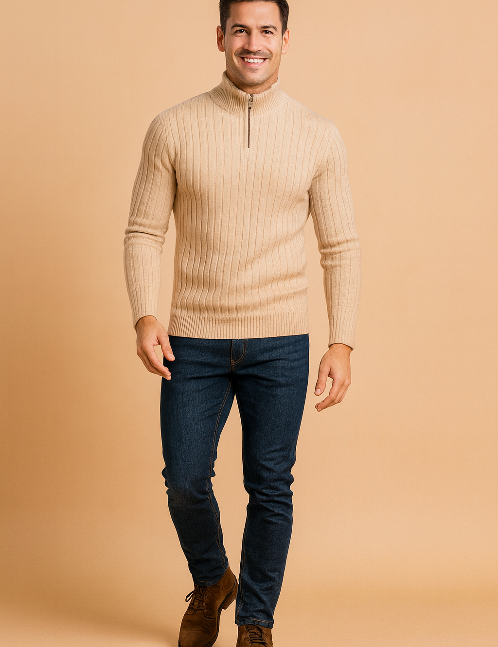 Men’s beige ribbed knit pullover sweater with half-zip closure, slim fit design, and long sleeves for a modern and elegant casual style.