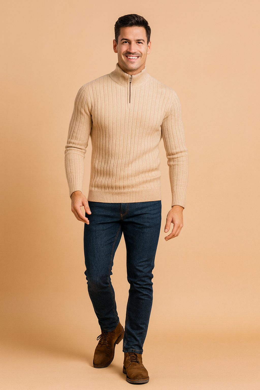 Men’s beige ribbed knit pullover sweater with half-zip closure, slim fit design, and long sleeves for a modern and elegant casual style.