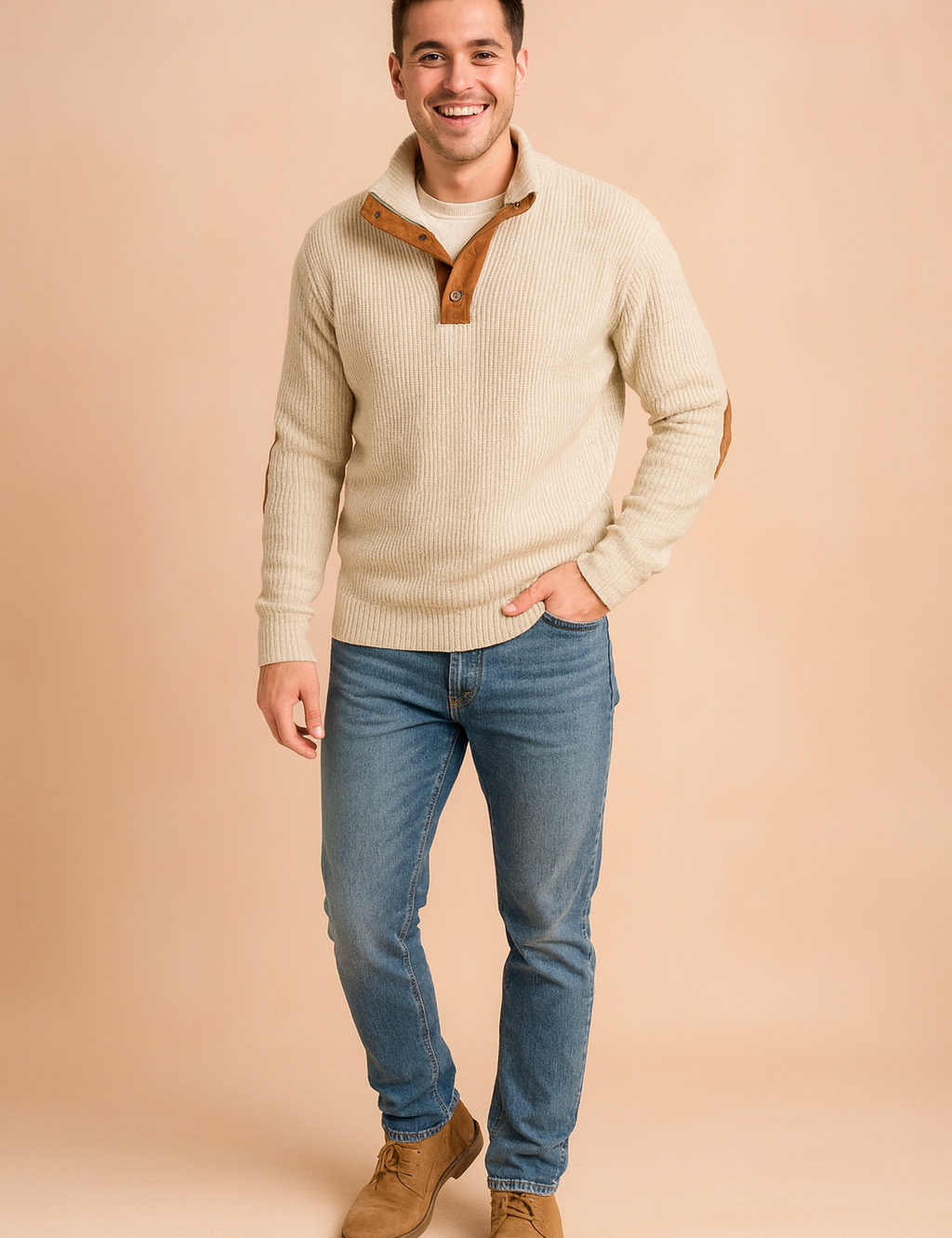 Beige ribbed pullover sweater with brown button placket and suede elbow patches, paired with casual blue jeans and tan shoes, styled for a smart-casual look