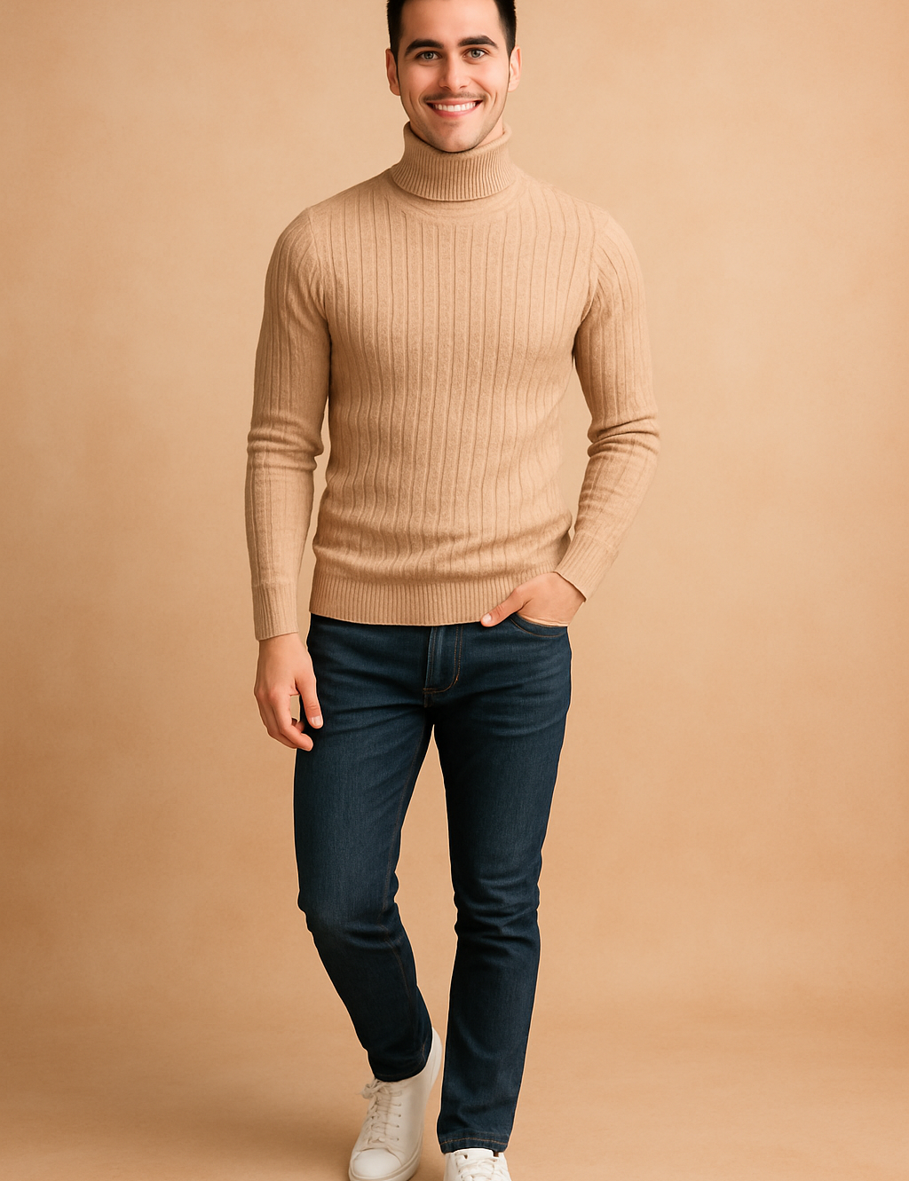 Men’s beige ribbed turtleneck sweater with slim fit design, styled with dark blue jeans and white sneakers.