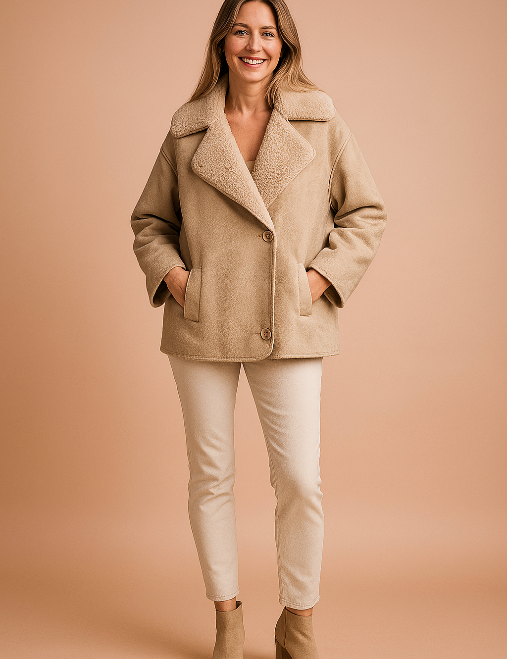 Beige shearling-lined faux suede coat featuring oversized lapels, double-button closure, and large front pockets with a soft brushed texture.