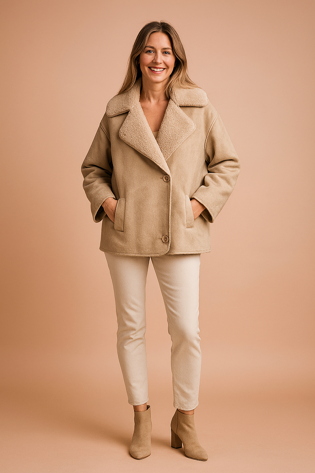 Beige shearling-lined faux suede coat featuring oversized lapels, double-button closure, and large front pockets with a soft brushed texture.