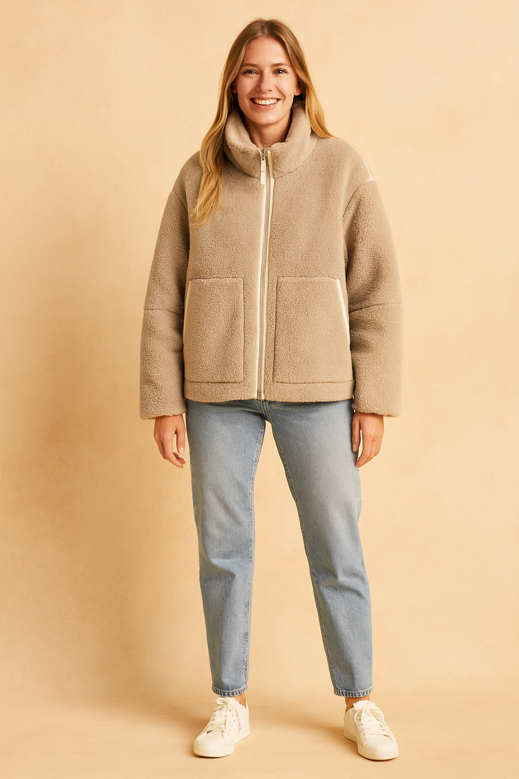 Beige shearling zip-up jacket with high collar and large front pockets, styled with light blue jeans and white sneakers for a cozy casual look.