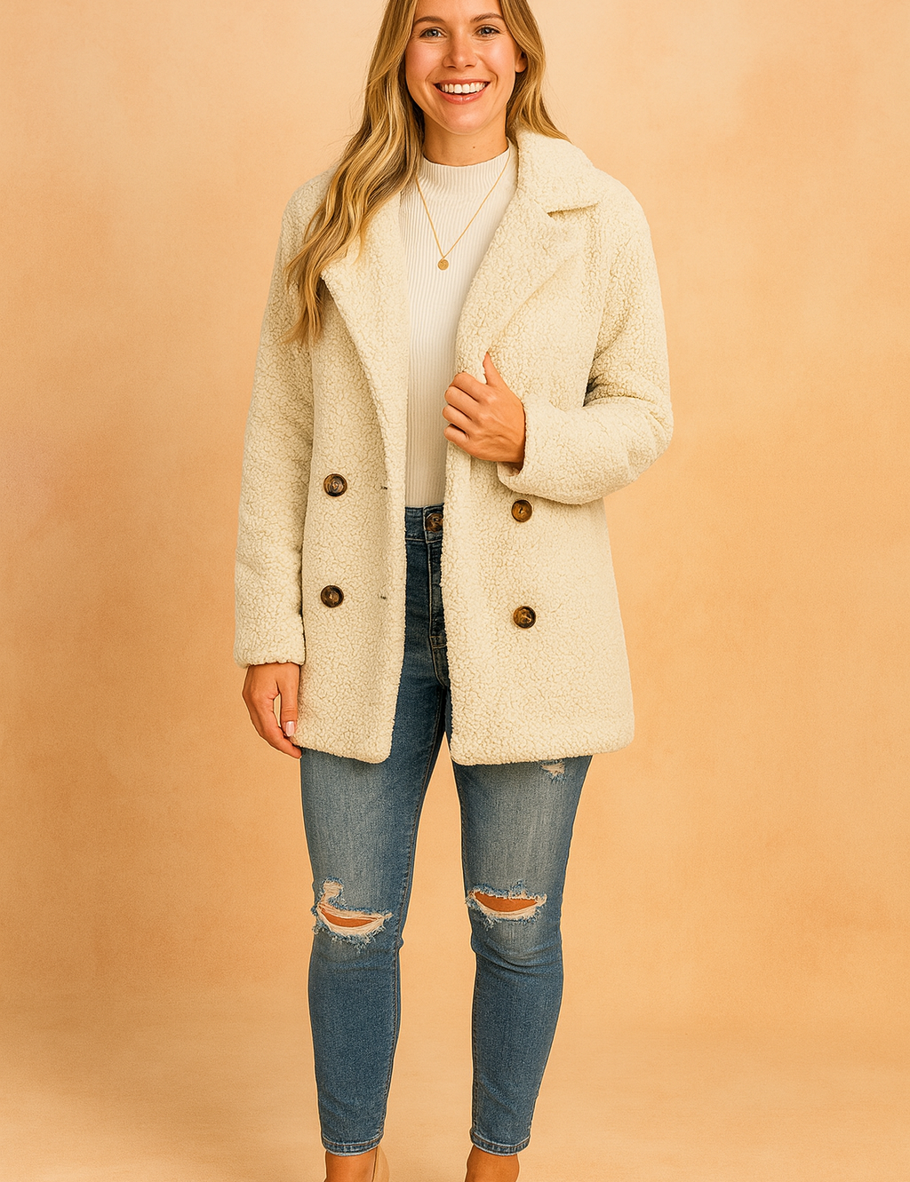 Beige double-breasted teddy-texture coat with wide lapels, paired with white ribbed turtleneck, ripped skinny jeans, and beige heel