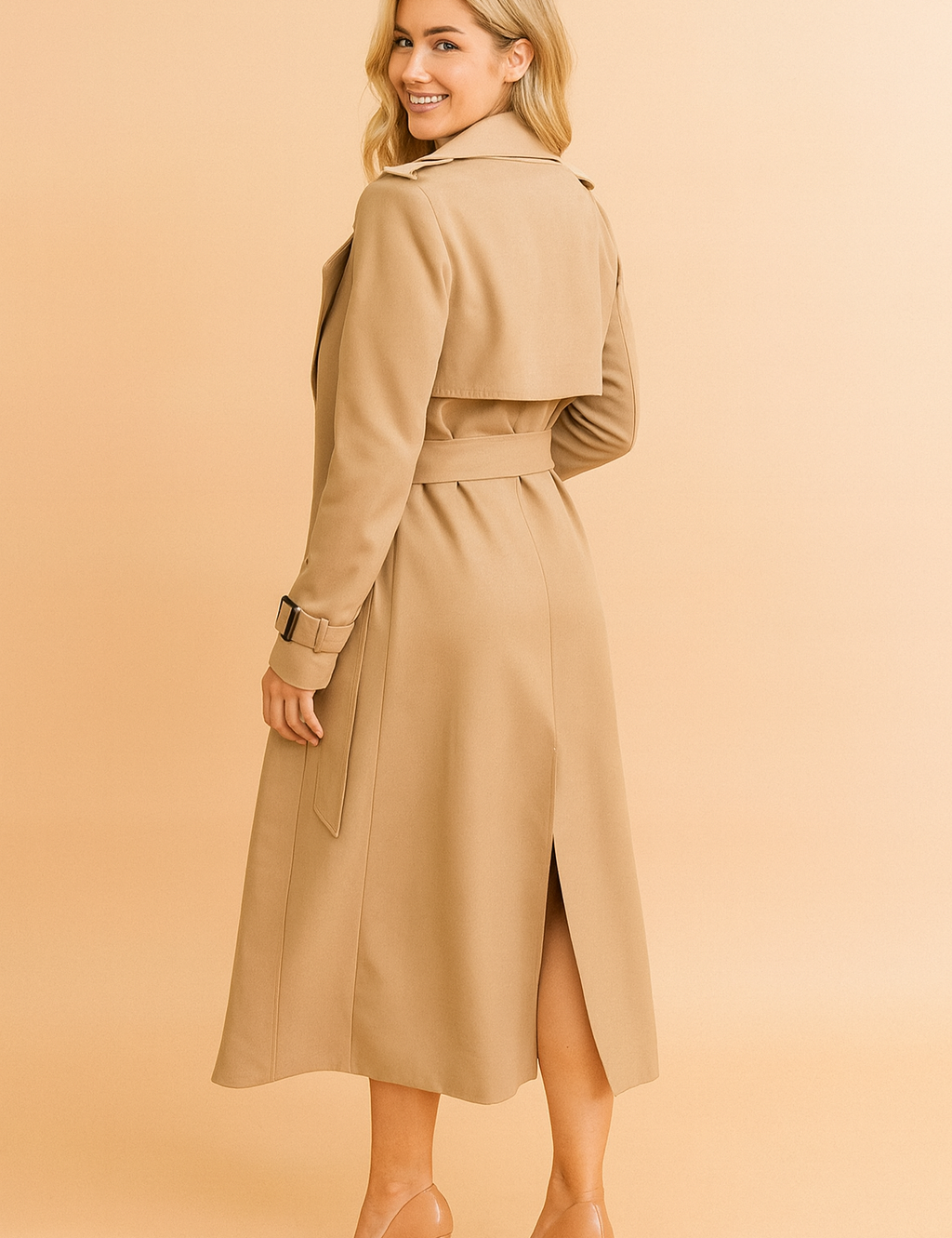 Beige trench coat with belted waist, epaulets, back storm flap, and cuff straps, styled with nude pumps