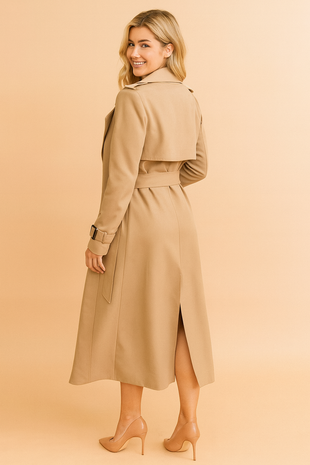 Beige trench coat with belted waist, epaulets, back storm flap, and cuff straps, styled with nude pumps