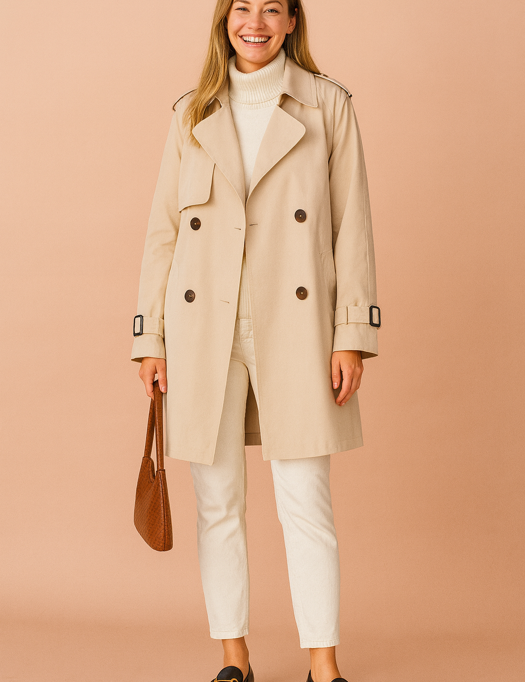 Beige double-breasted trench coat with structured lapels and button front styled over a cream turtleneck and white trousers.