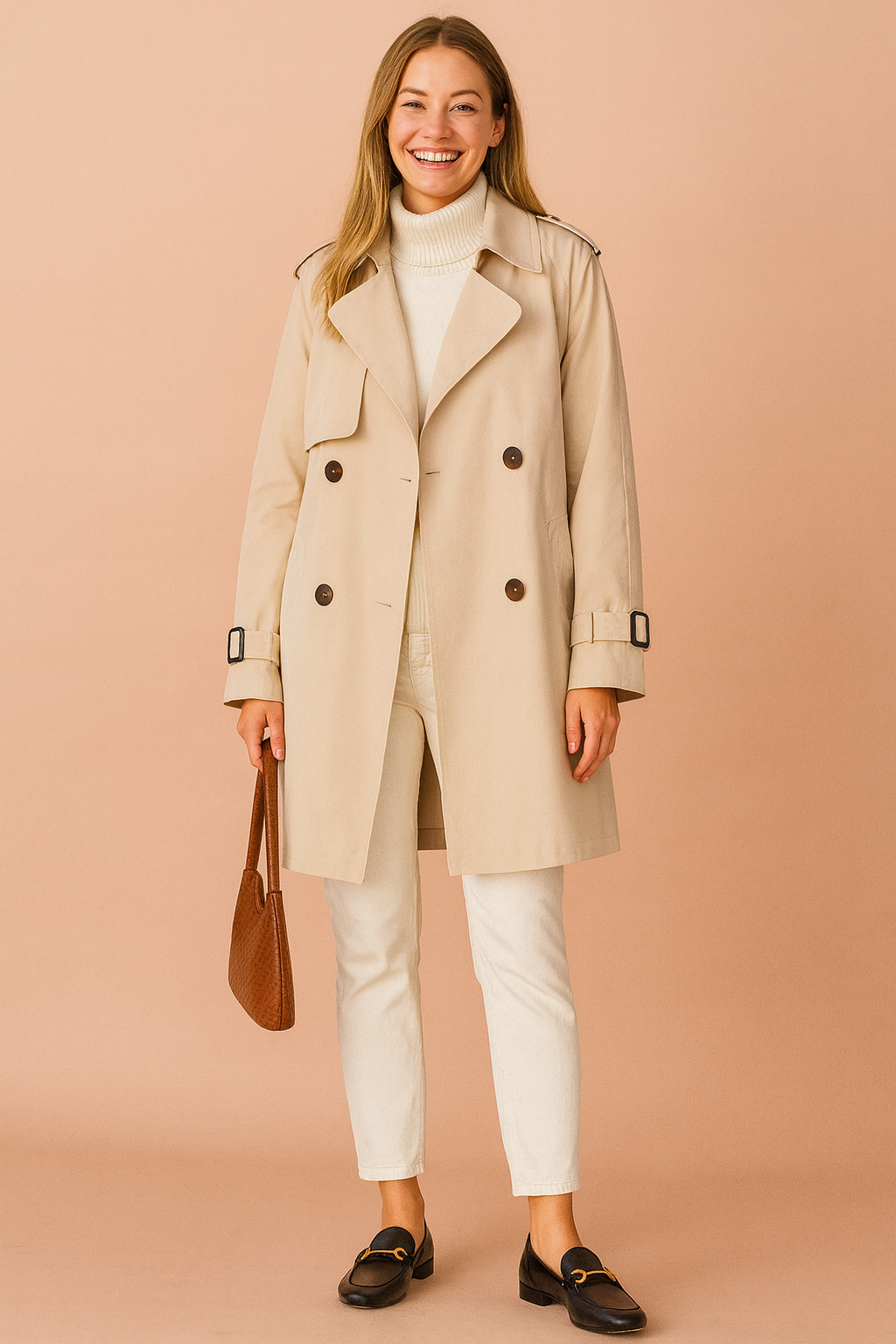 Beige double-breasted trench coat with structured lapels and button front styled over a cream turtleneck and white trousers.