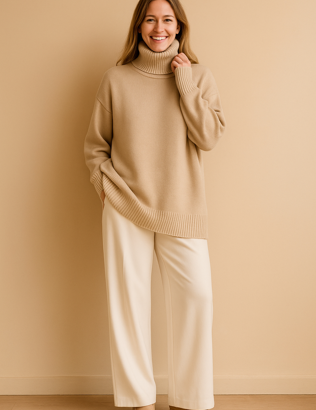 Oversized beige turtleneck sweater with ribbed hem and cuffs, styled with high-waisted cream trousers and beige ankle boots for a warm neutral-toned outfit.