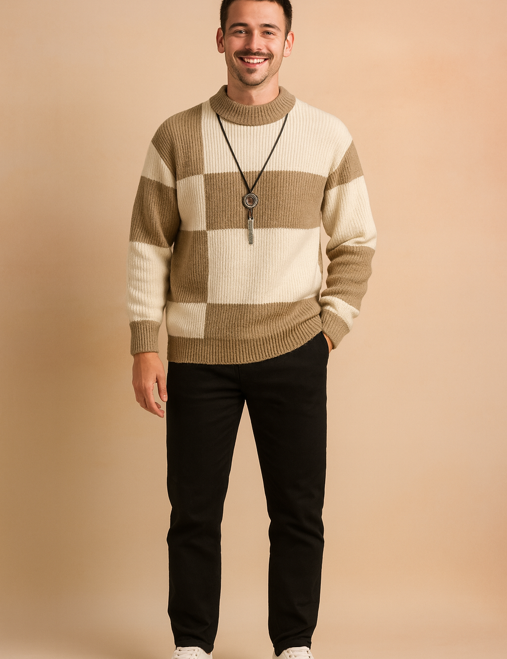 Beige and white block-pattern knit sweater with ribbed cuffs and hem, styled with slim-fit black trousers and white sneakers for a modern smart-casual look.