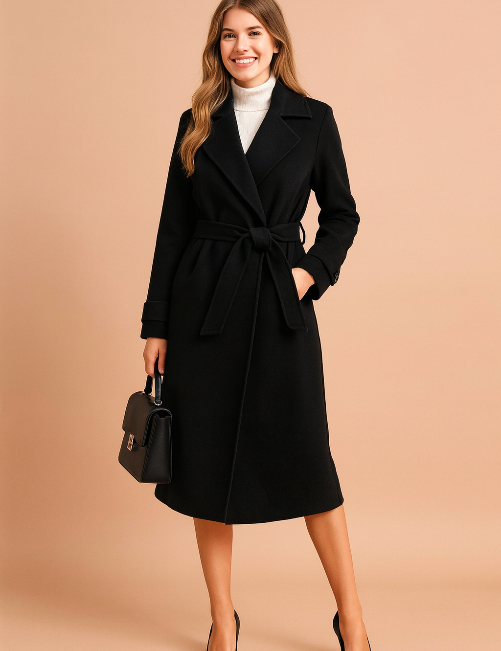 Black belted trench coat with wide lapels, styled with a white turtleneck, black heels, and structured handbag