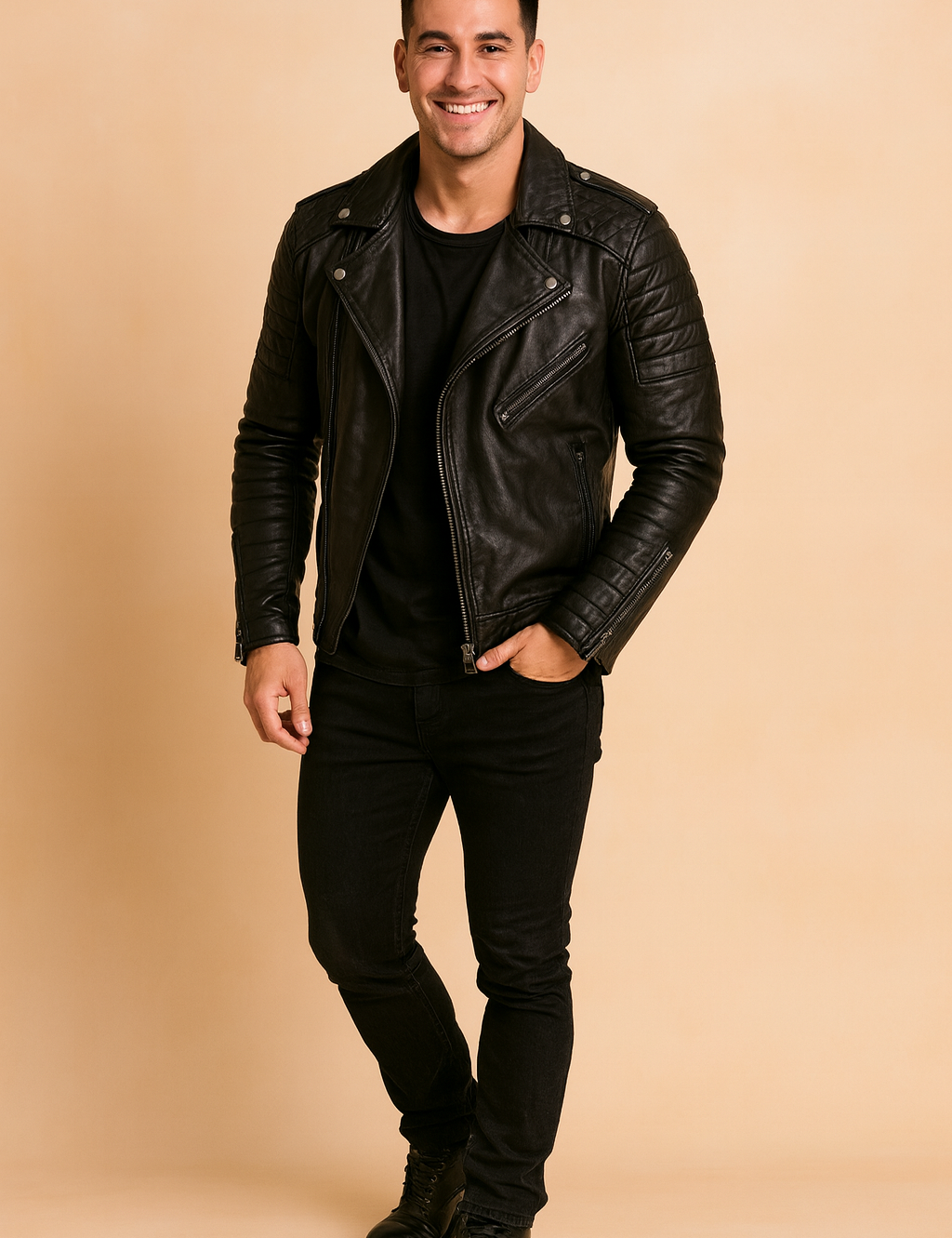 Men's modern black biker-style leather jacket featuring quilted shoulder and arm detailing, asymmetrical zipper, and silver hardware accents — perfect for urban streetwear and contemporary fashion looks.