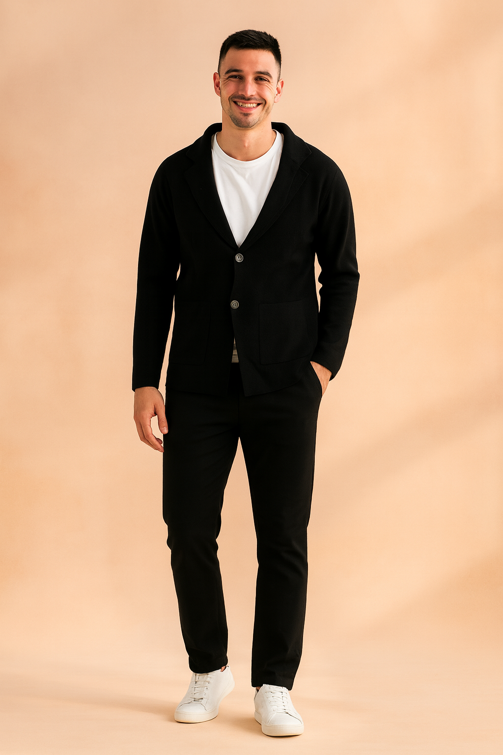 Black two-button blazer-style cardigan with front patch pockets, styled over a white T-shirt, slim black trousers, and white sneakers for a modern casual look.