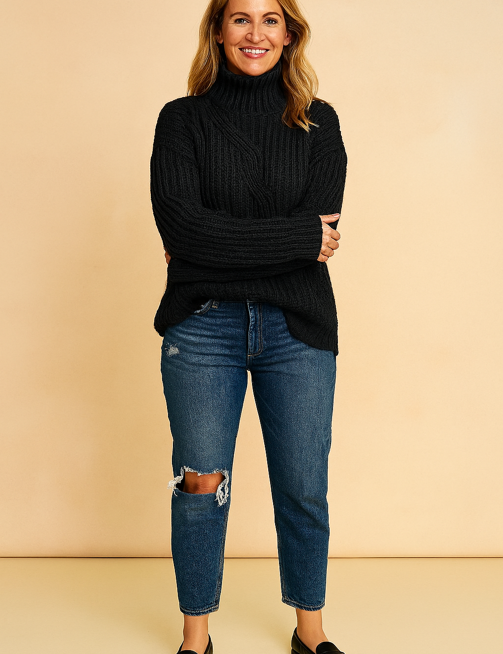 Black cable-knit turtleneck sweater with textured detailing, paired with distressed medium-wash jeans and black leather loafers for a casual winter street look.