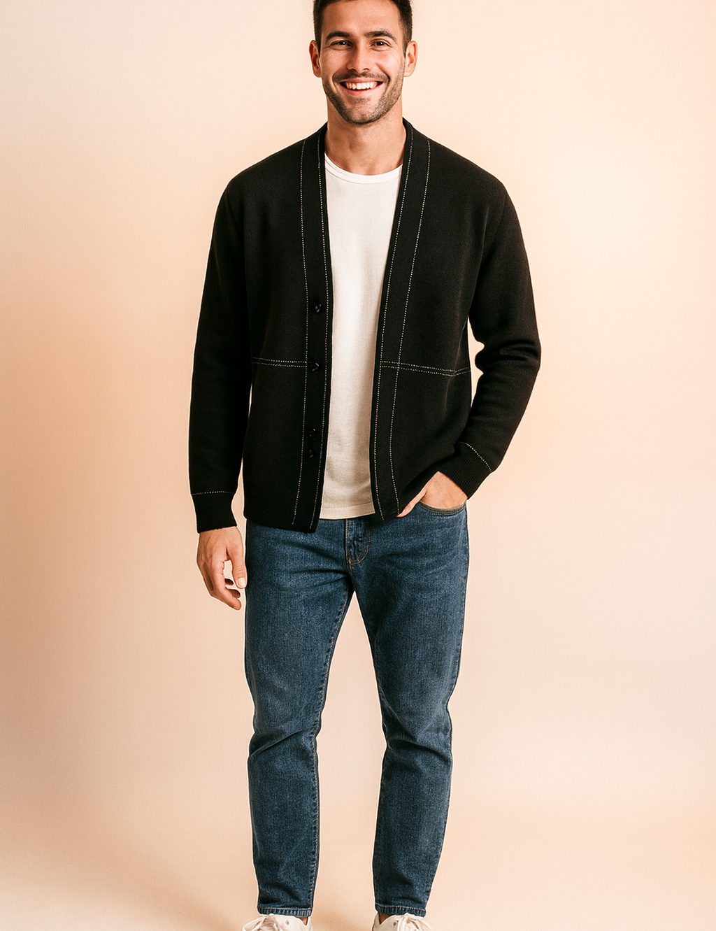 Men’s modern black cardigan with white stitched seam detailing, worn over a plain white shirt, styled with a sleek open front design for casual and semi-formal looks.