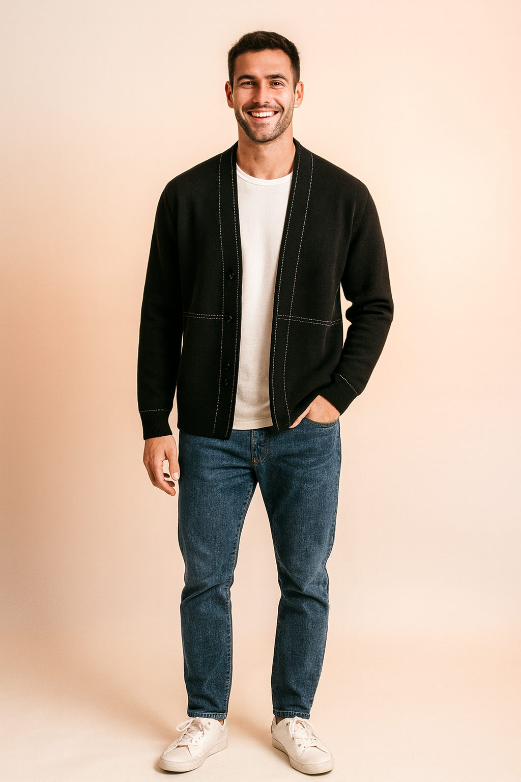 Men’s modern black cardigan with white stitched seam detailing, worn over a plain white shirt, styled with a sleek open front design for casual and semi-formal looks.