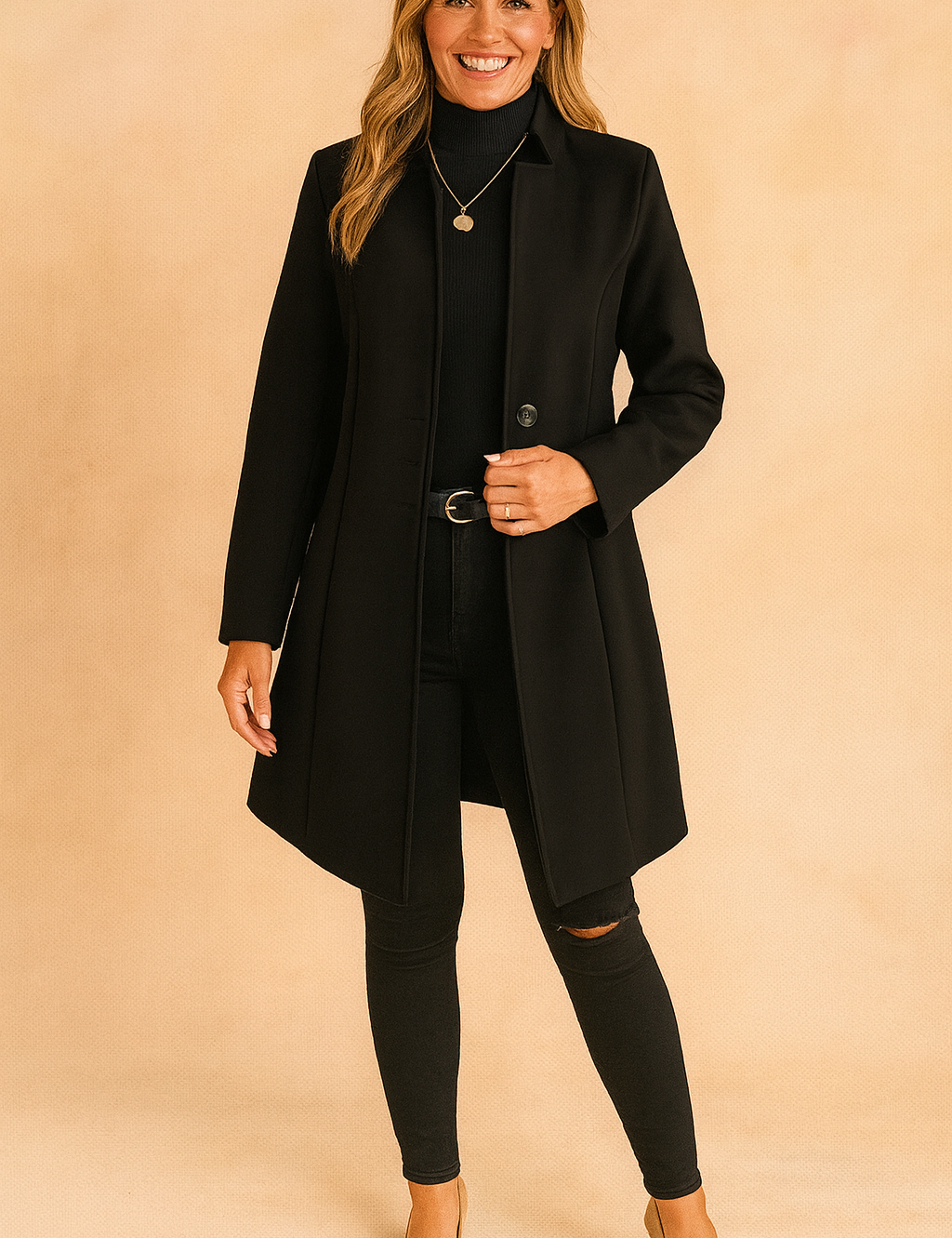 Tailored long black coat with structured lapels, single-breasted design, styled with black turtleneck, fitted jeans, and beige heels.