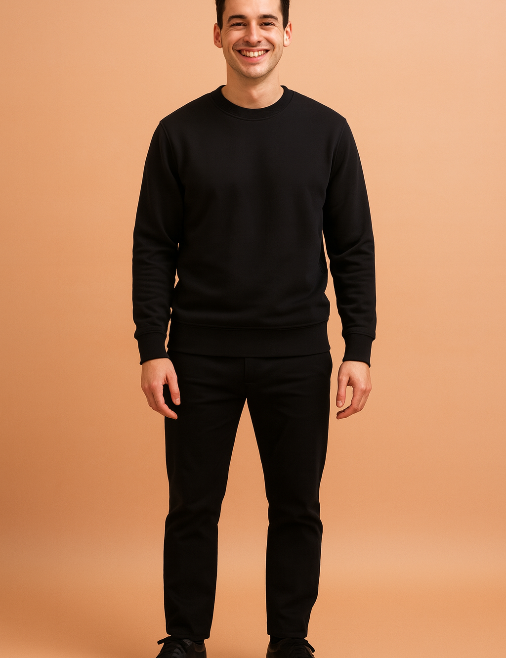 Men's classic black crewneck sweatshirt with long sleeves and ribbed cuffs, styled with straight black trousers and matching black sneakers for a clean, modern casual outfit.