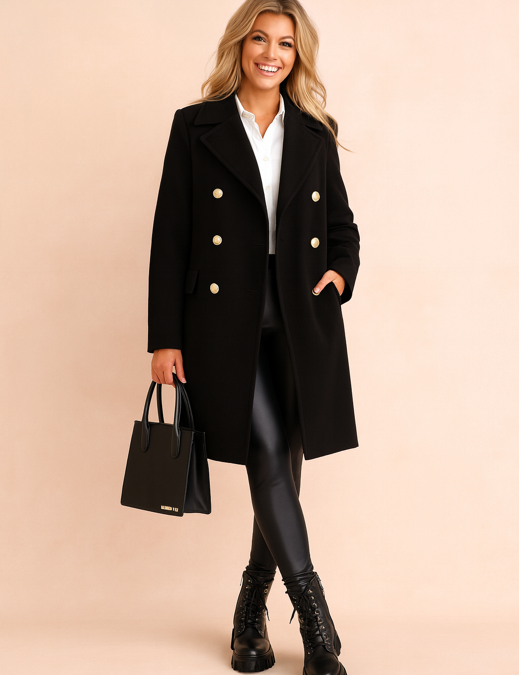 Black double-breasted coat with gold buttons, styled with white shirt, faux leather leggings, lace-up combat boots, and structured handbag.