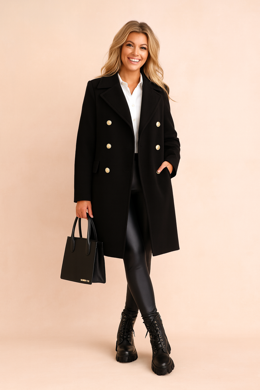Black double-breasted coat with gold buttons, styled with white shirt, faux leather leggings, lace-up combat boots, and structured handbag.