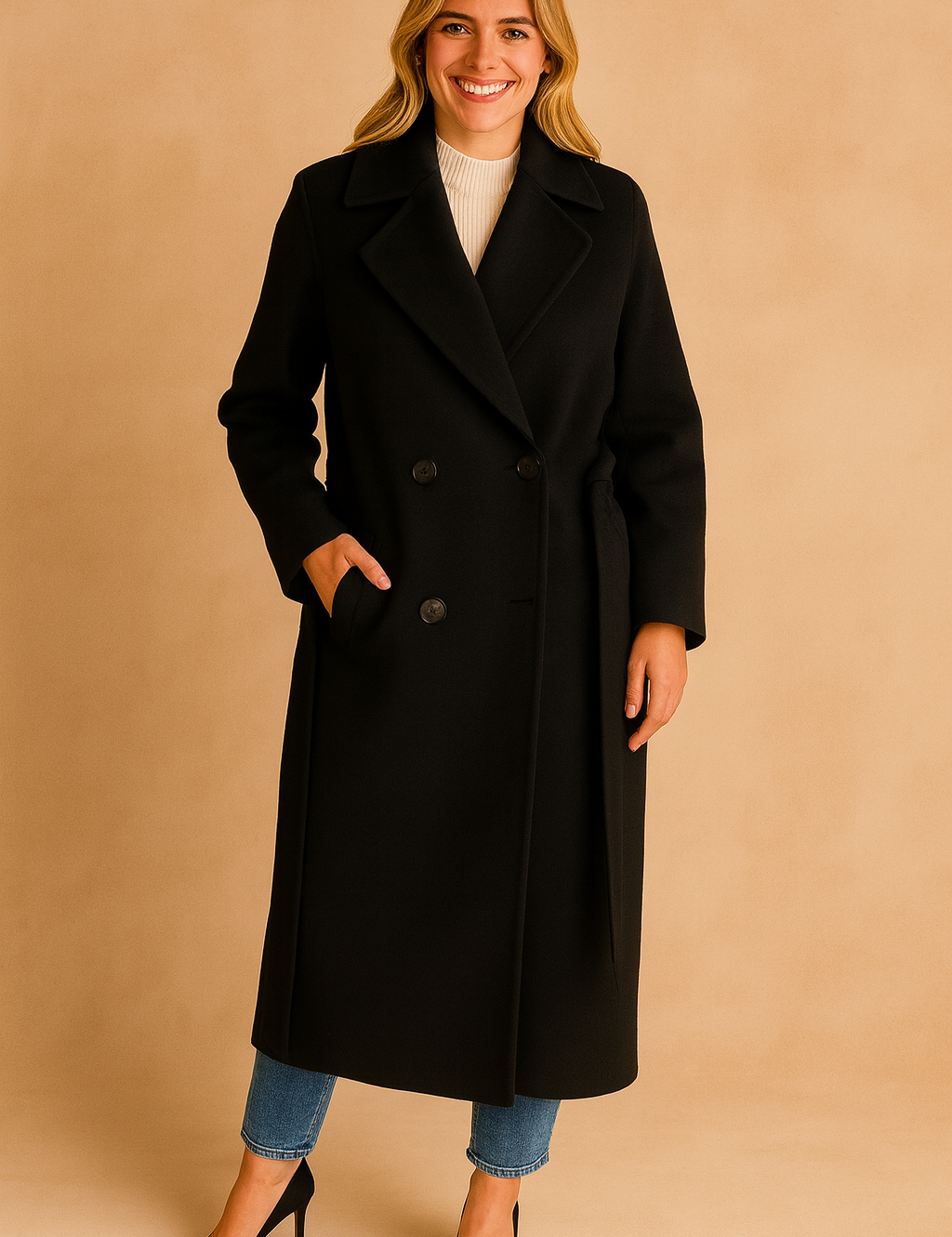Elegant black double-breasted long coat with structured lapels and side pockets, styled with a white turtleneck, slim-fit jeans, and classic heels.