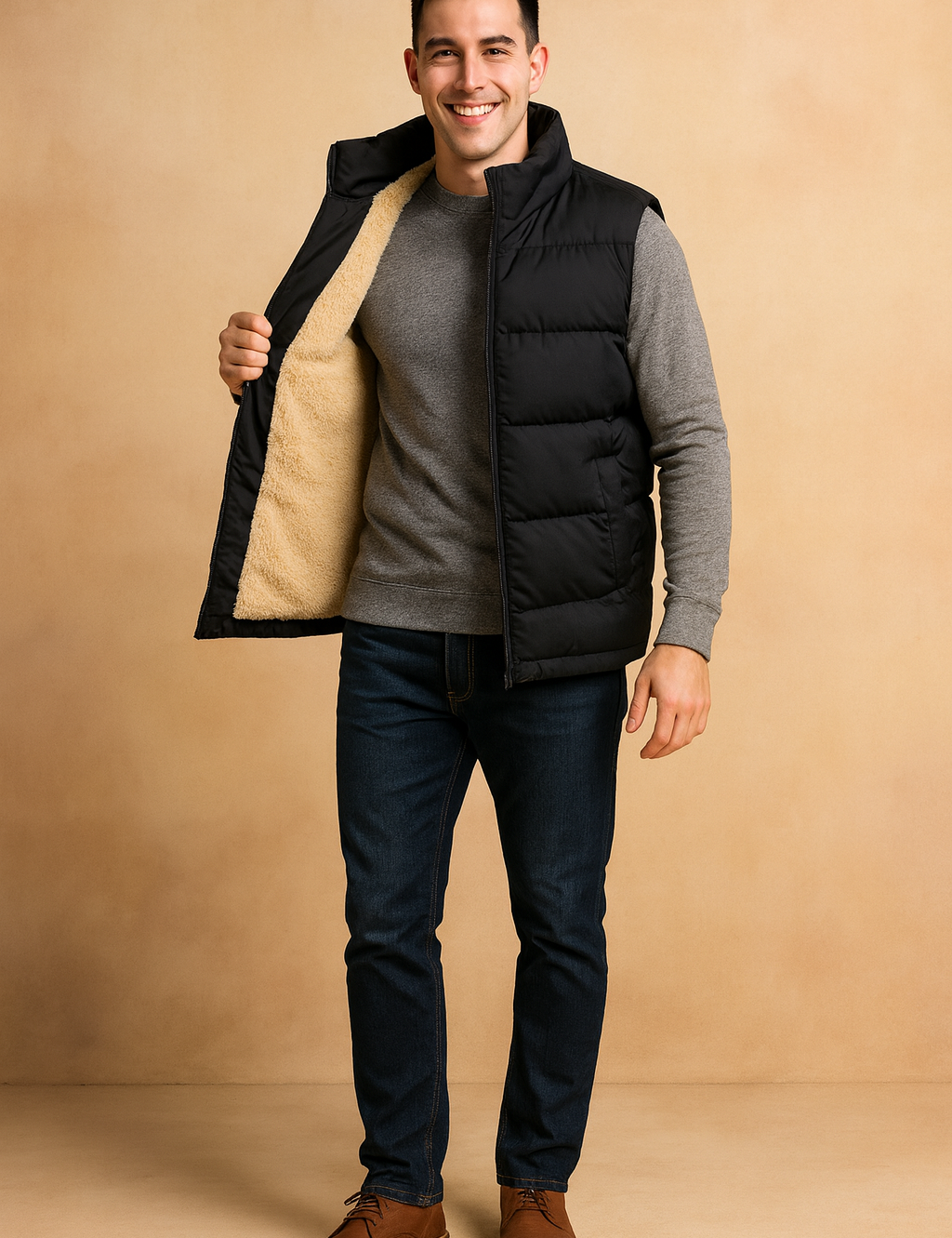 Men’s black puffer vest with beige fleece lining, featuring a sleeveless cut, full front zipper, and warm quilted padding for casual winter layering.