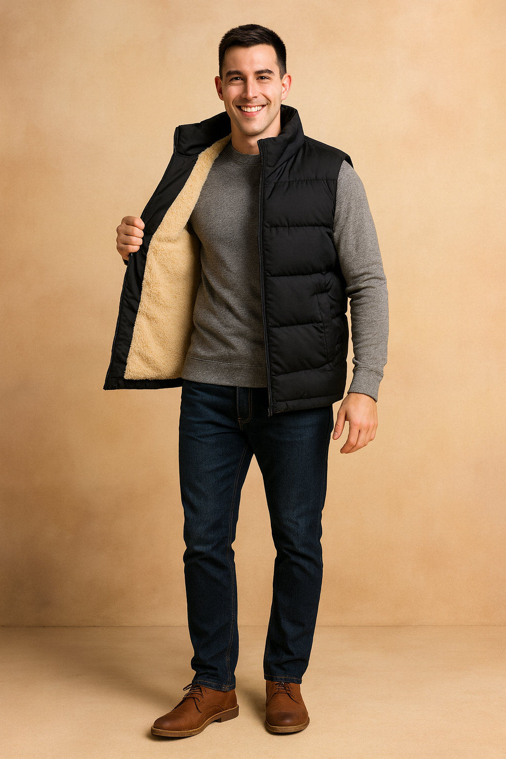 Men’s black puffer vest with beige fleece lining, featuring a sleeveless cut, full front zipper, and warm quilted padding for casual winter layering.