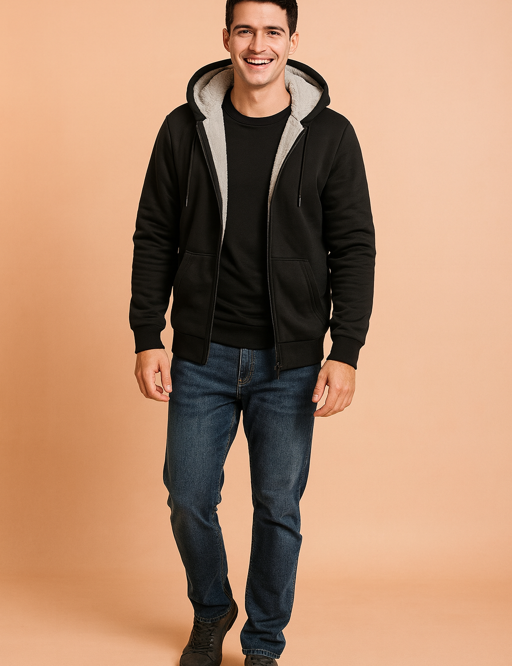 "Men’s black fleece-lined winter jacket with full zip closure, ribbed cuffs, and plush inner lining for warmth and comfort."